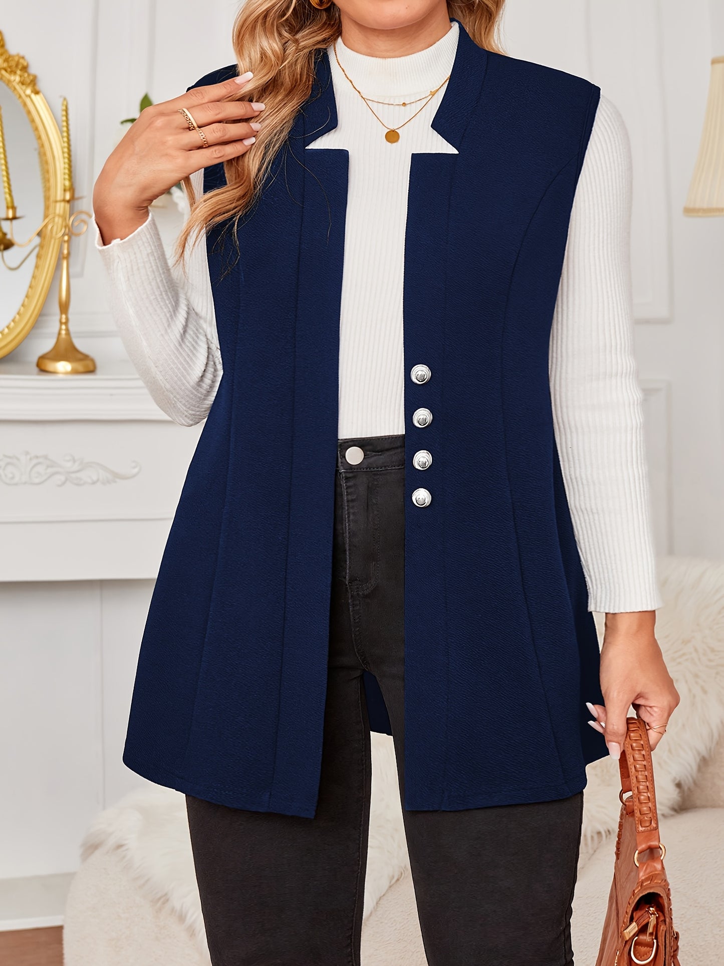 Plus Size V-Neck Lapel Vest - Solid Color Sleeveless Blazer with Button Detail