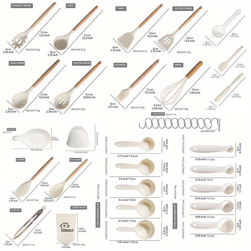 38-piece set of silicone utensils with wooden handles, designed for safe and non-stick cooking. This modern cookware collection is washable and includes all the kitchen essentials and gadgets you need.