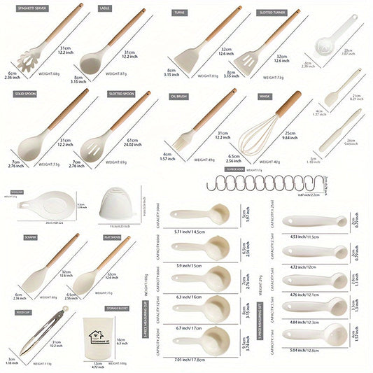 38-piece set of silicone utensils with wooden handles, designed for safe and non-stick cooking. This modern cookware collection is washable and includes all the kitchen essentials and gadgets you need.