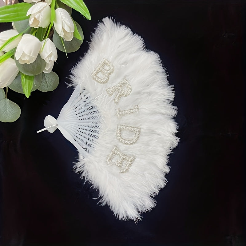 Stylish Bride Handheld Fan with Pearl and Rhinestone Embellishments, 13-inch Plastic White Fan for Weddings, Bachelorette Parties, Bridal Showers, and Honeymoons – Ideal Photo Prop and Gift for the Bride