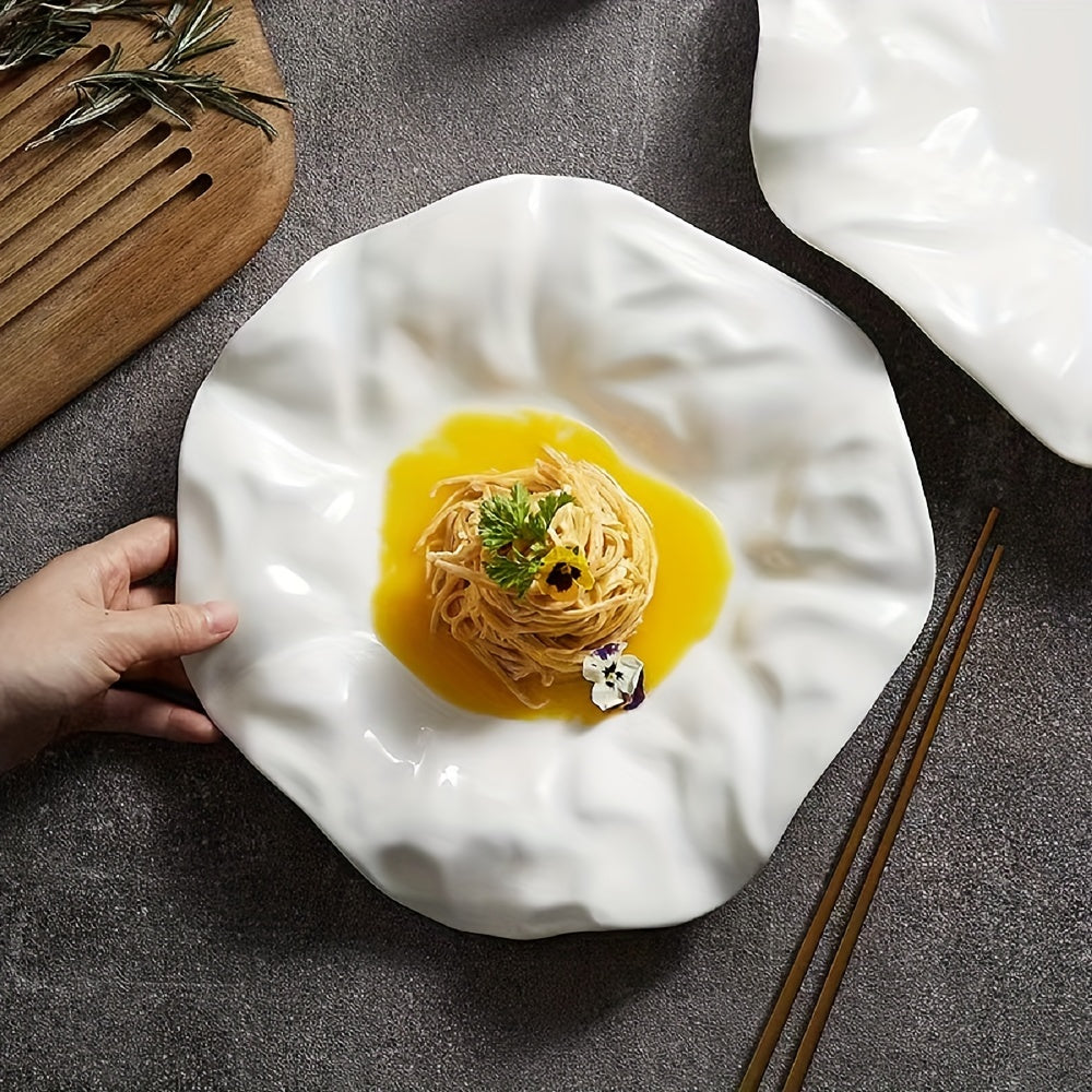 Single white ceramic dish, versatile for afternoon tea, pasta, molecular cuisine, diet meals, desserts, salads, and fruits. Ideal for home or restaurant parties.