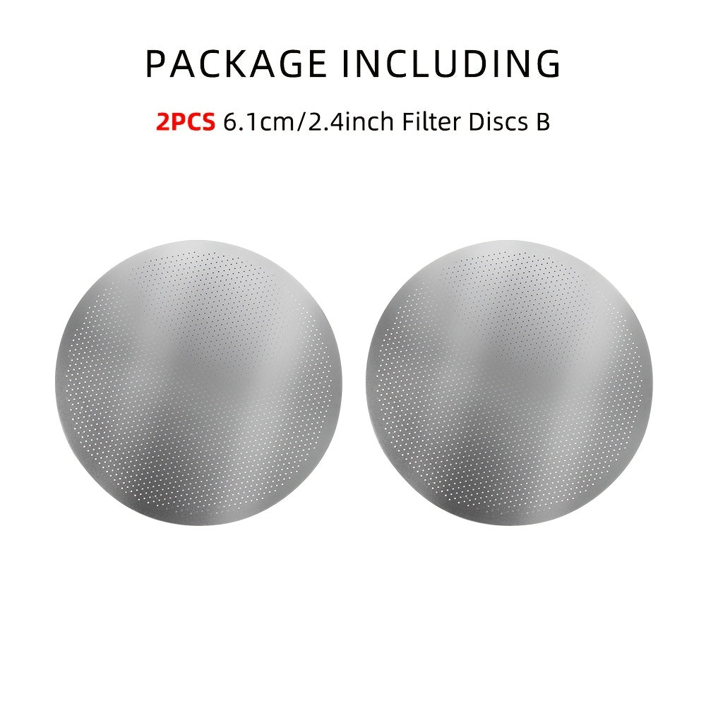 Two pieces of 2.4-inch Coffee Metal Mesh Filters, made of reusable stainless steel. Ideal for use with Aeropress Coffee Maker tools and a great addition to any kitchen accessories collection.