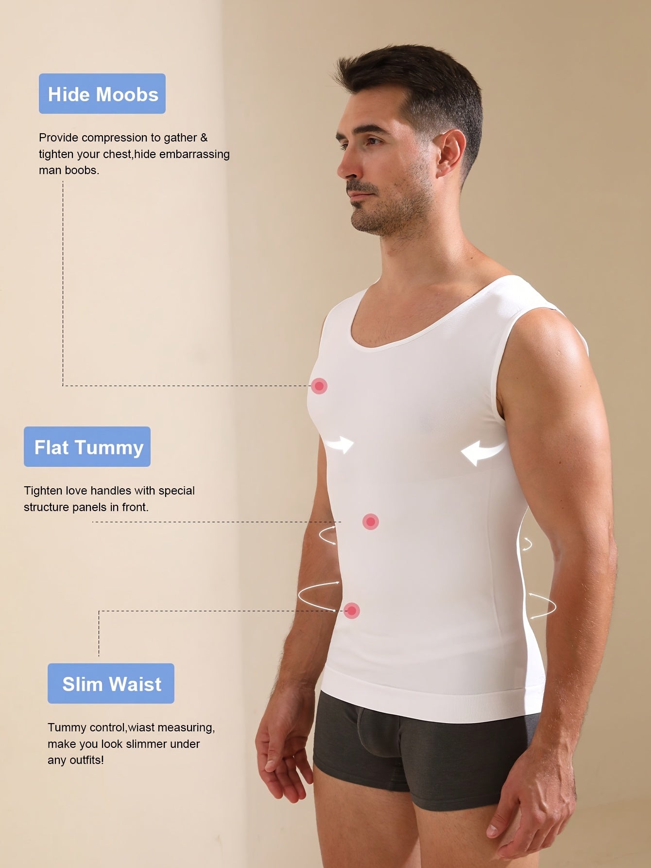 Men's Compression Tank Top with high stretch knit fabric, crew neck, sleeveless design, solid color, skinny fit, moisture-wicking, quick-drying features. Ideal for body shaping and tummy