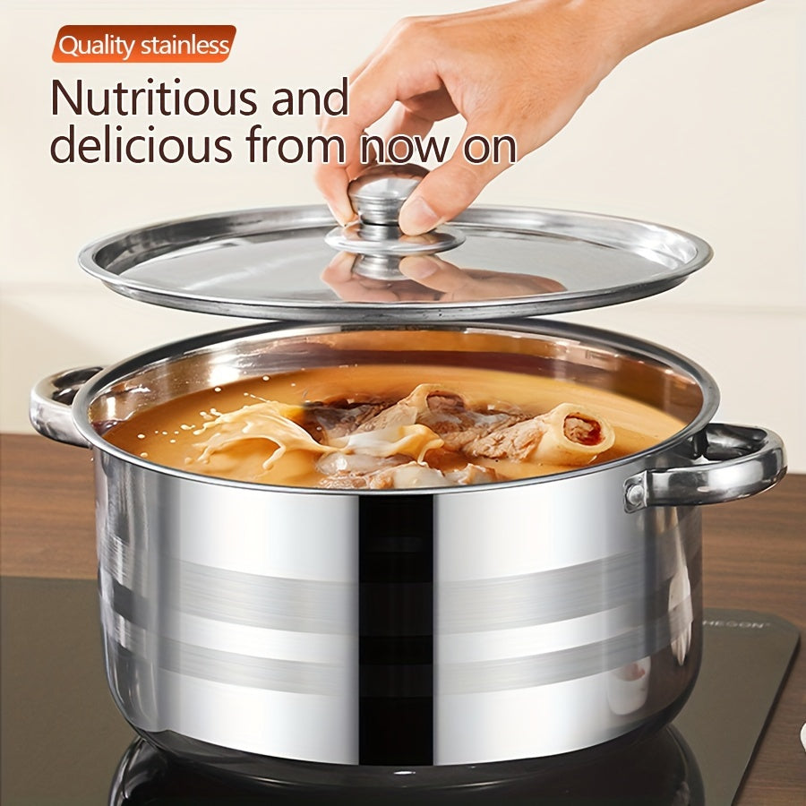 This set includes 10 stainless steel pots with sizes ranging from 16.99cm to 25.5cm. Each pot comes with a lid and is designed for use with both induction cookers and gas stoves. The pots feature double handles and deep lids, making them ideal for