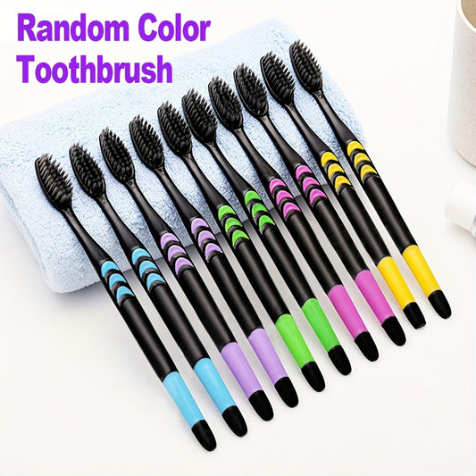 5/10 soft bristle toothbrushes with multicolor grip handles and black nylon bristles for adults, ideal for deep manual oral care.