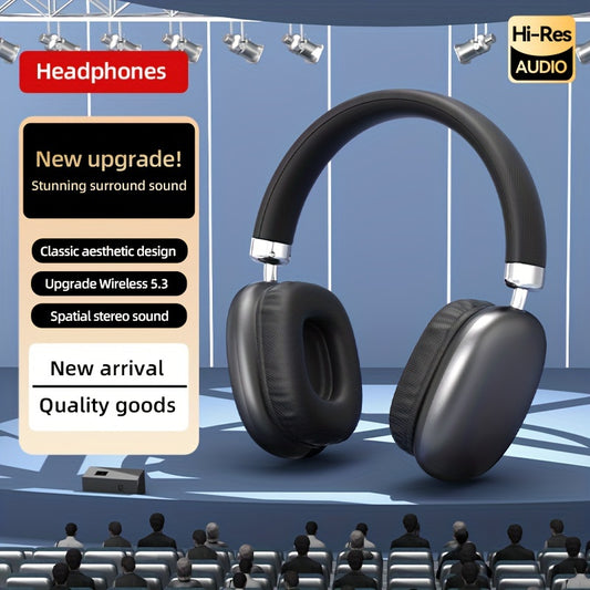 Wireless over-ear headphones with sound isolation, tangle-free cable, condenser microphone, push button volume control, rechargeable battery, 3.5mm jack, Type-C charging, for gaming.