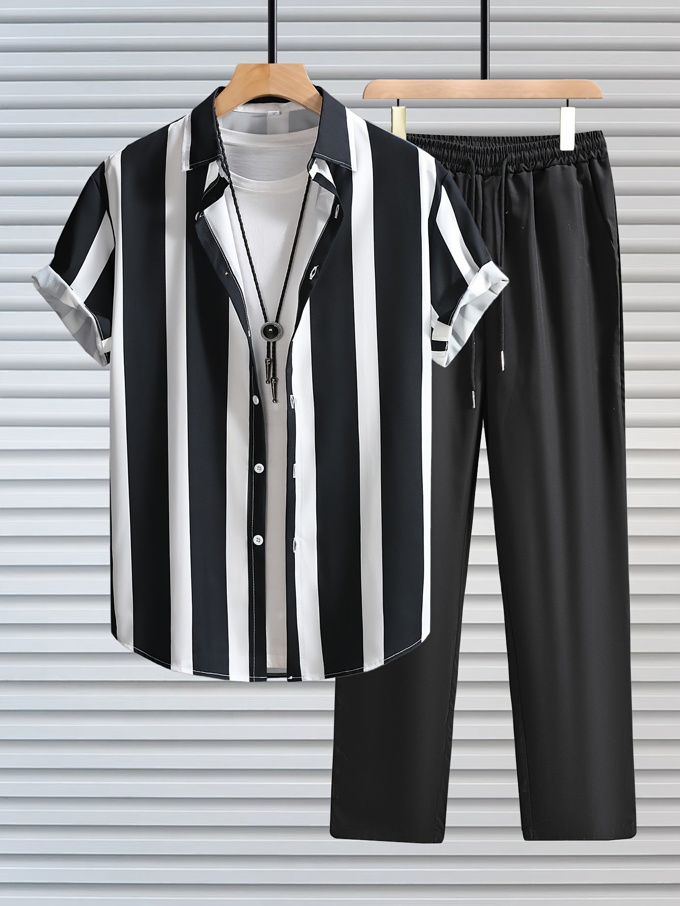 Men's casual outdoor outfit: striped lapel shirt and drawstring pants set.