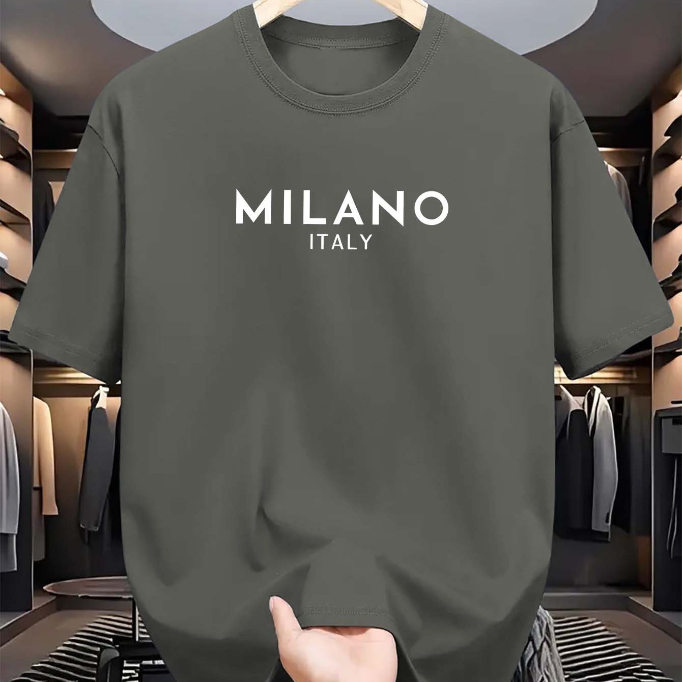 Men's Milano Italy Print T-Shirt, Casual Crew Neck Tee with Polyester Knit Fabric, Summer Short Sleeve Top with Stretch, Fashionable Regular Fit for Adults.