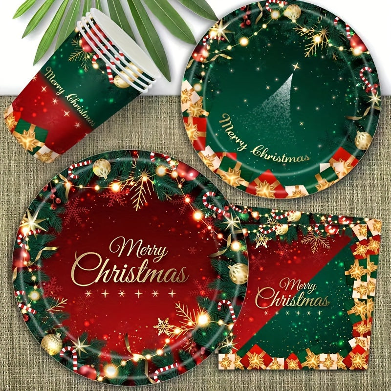 80 pieces of red and green Christmas party supplies including merry Christmas paper plates, napkins, cups, and tableware set. Christmas tree dinnerware set for holiday parties and Christmas party decorations.