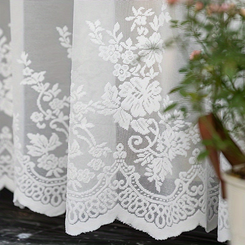 One piece of Romantic White Lace Curtain Panel, with adjustable length and machine washable. Featuring a delicate floral pattern, perfect for adding a touch of elegance to your bedroom, kitchen, or coffee shop decor.