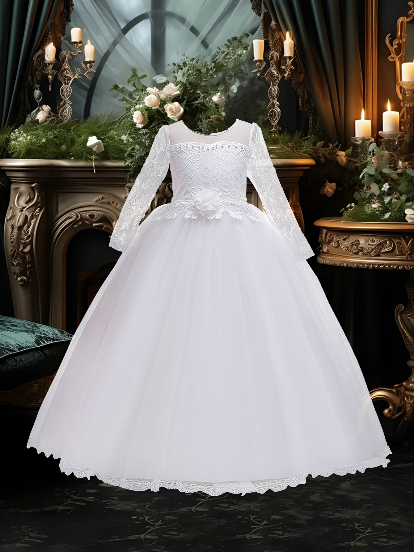 Girls' lace long sleeve dress with pearl embellishments, bow waist belt, and 3D floral details perfect for weddings and banquets.