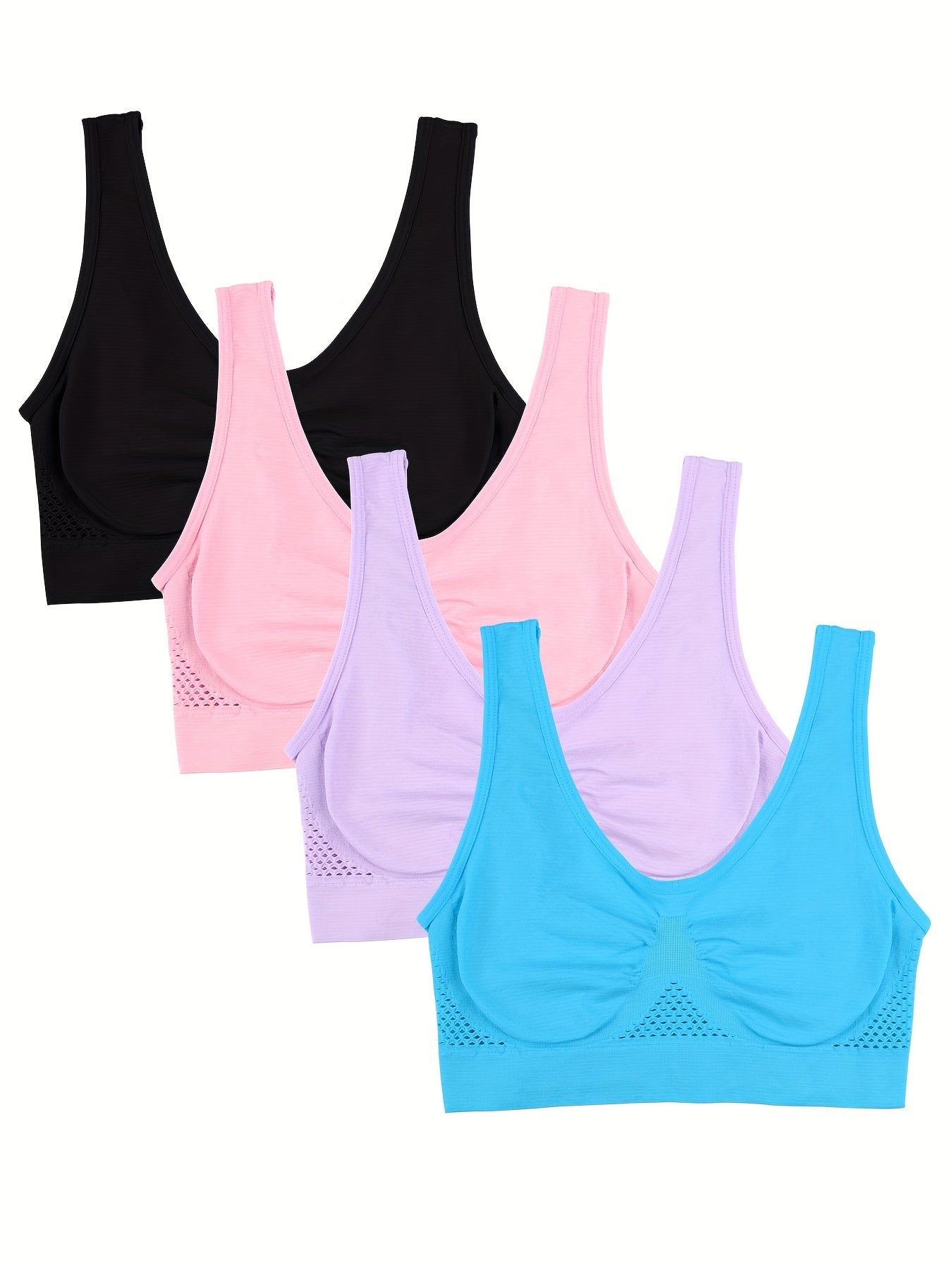 4 high-support sports bras for women, perfect for running and yoga, with breathable no-wire design and hollow-out detail.