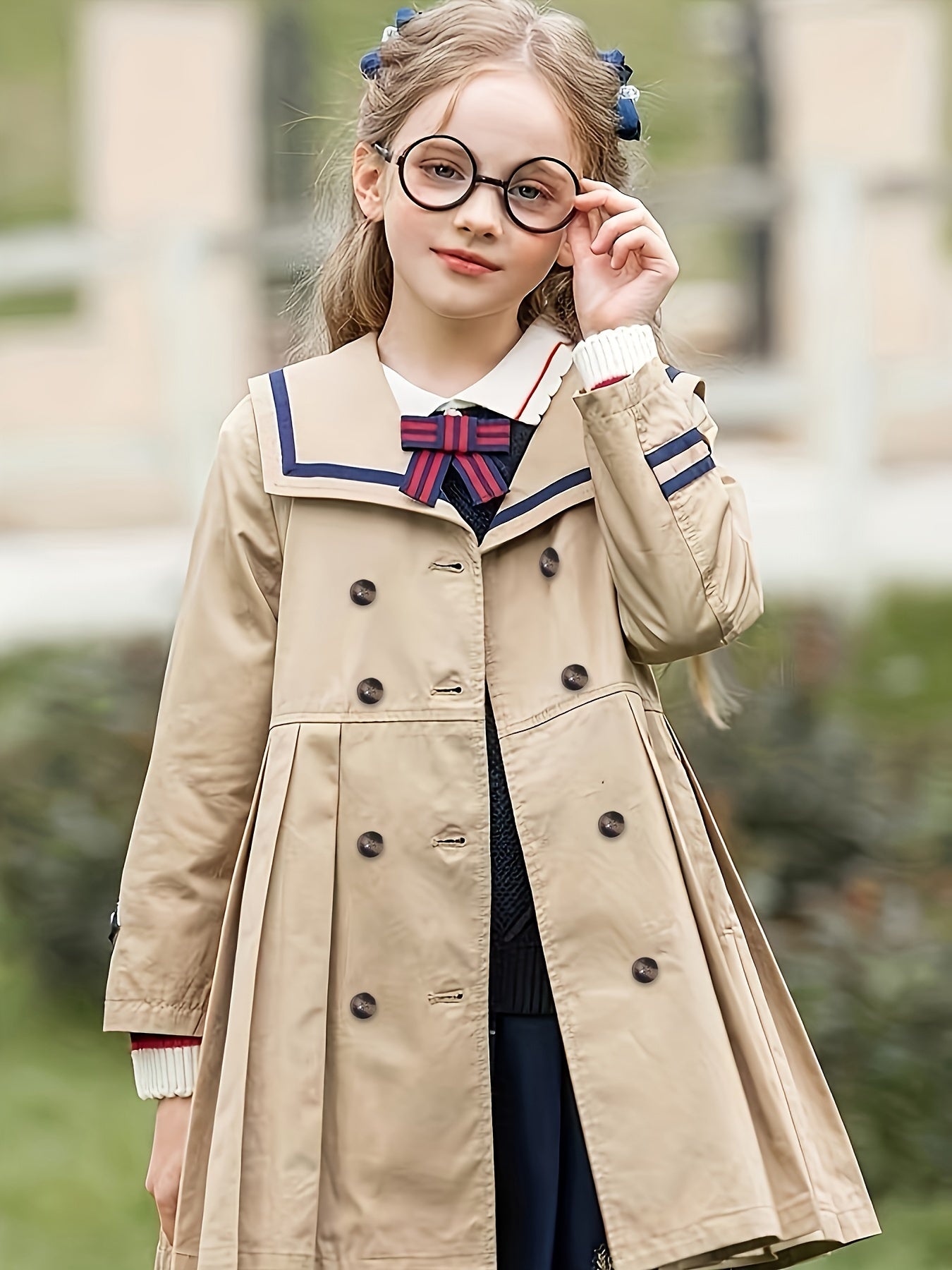 Girls' lightweight British-inspired school uniform trench coat and pleated skirt set. Windproof polyester material with front buttons. Ideal for spring and autumn. Available in sizes 4-12.