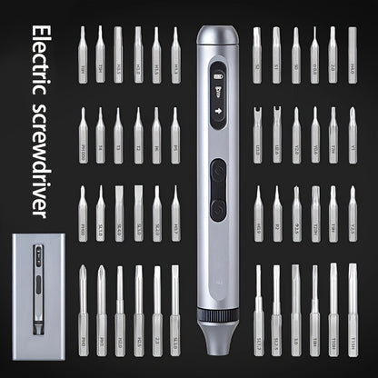 Precision Electric Screwdriver Set with 50-in-1/16-in-1 options, rechargeable high torque, multifunctional, quiet, and durable. Ideal for electronics and DIY projects. Includes extended