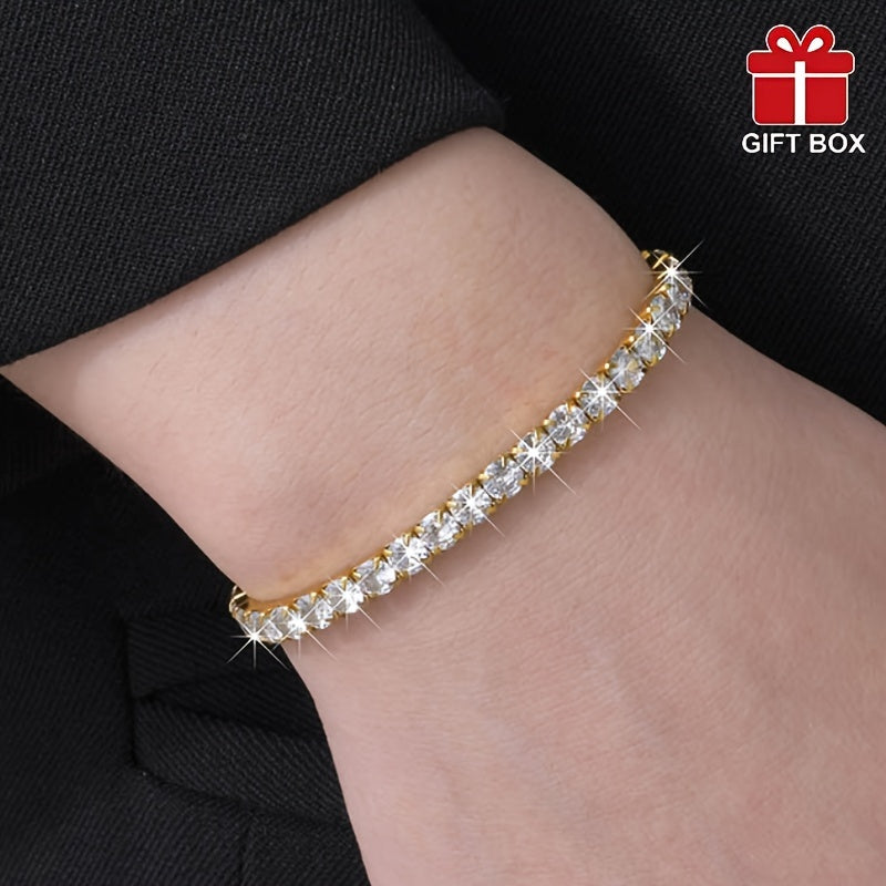 One piece of elegant titanium steel jewelry for women with a 14K golden plated tennis bracelet featuring synthetic cubic zirconia. Perfect for daily or festival wear, this piece makes for an ideal Mother's Day gift and comes in a gift box.