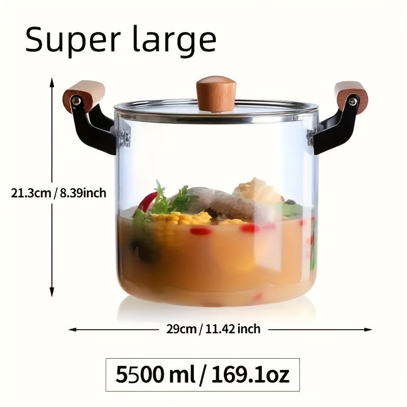 Glass Soup Pot with Lid and Double Wooden Handles - Perfect for Cooking Pasta, Noodles, Soup, Juice, and Milk. This Household Kitchen Cooker is a Safe and Reliable Glass Cookware Option for all your cooking needs. Complete your Kitchen Supplies with this