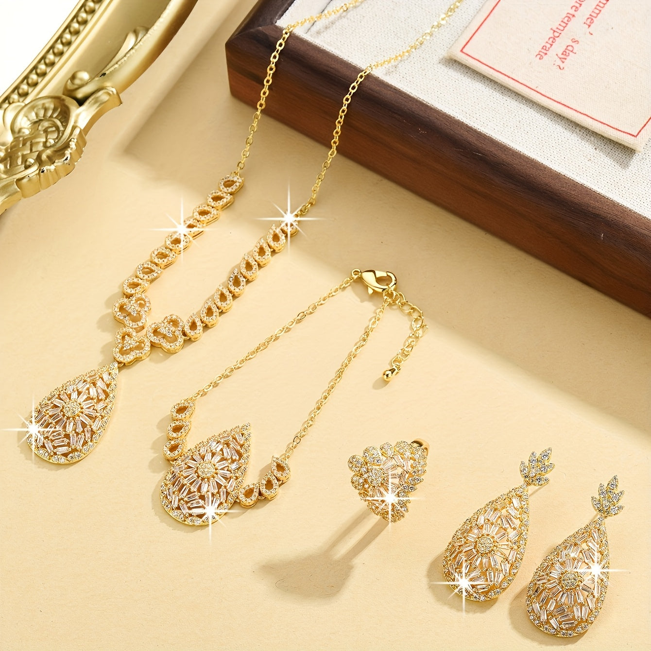 Exquisite Gold-Plated Teardrop Jewelry Set for Women - Featuring Necklace, Earrings, Bracelet, Ring - Ideal for Special Occasions and Everyday Wear, Includes 5 Pieces