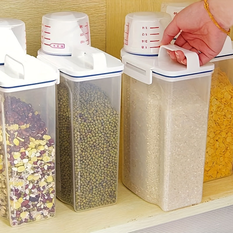 Large capacity cereal storage container with measuring cup, designed for storing rice, cereals, grains, flours, dog food, and pet food. This moisture-proof and insect-proof sealed storage container is perfect for keeping your food fresh. Use as a