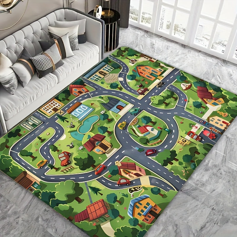 Green cartoon village design carpet suitable for use in children's rooms, bathrooms, kitchens, living rooms, bedrooms, interior doors, and entryways. The carpet has a thickness of 8mm and can be machine washed. Ideal for adding a decorative touch to your