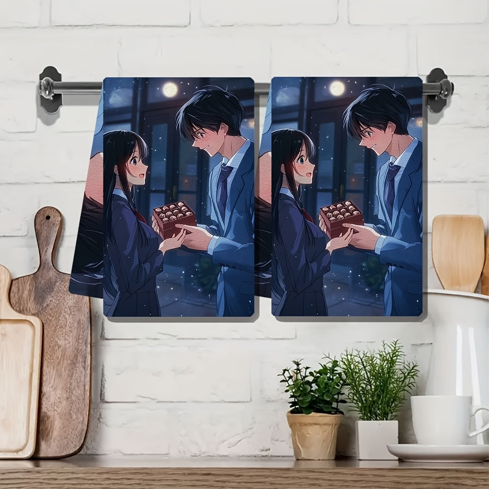 This set includes 2 ultra-soft kitchen towels showcasing a charming anime boy with black hair in a blue suit gifting a box of chocolates to his girlfriend. These highly absorbent dish towels are ideal for holiday decor, easy to clean in the washing