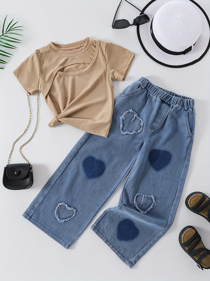 Girls' spring/summer fashion set: Ribbed knit short sleeve top & heart-shaped cut-out denim pants. Stretchy, machine washable, non-transparent. Perfect for outdoor wear.