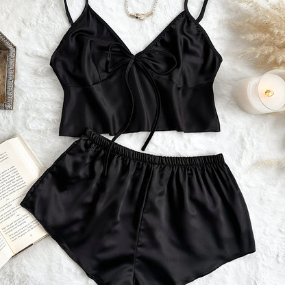 Solid satin pajama set with backless crop top and mini shorts for women, perfect summer sleepwear