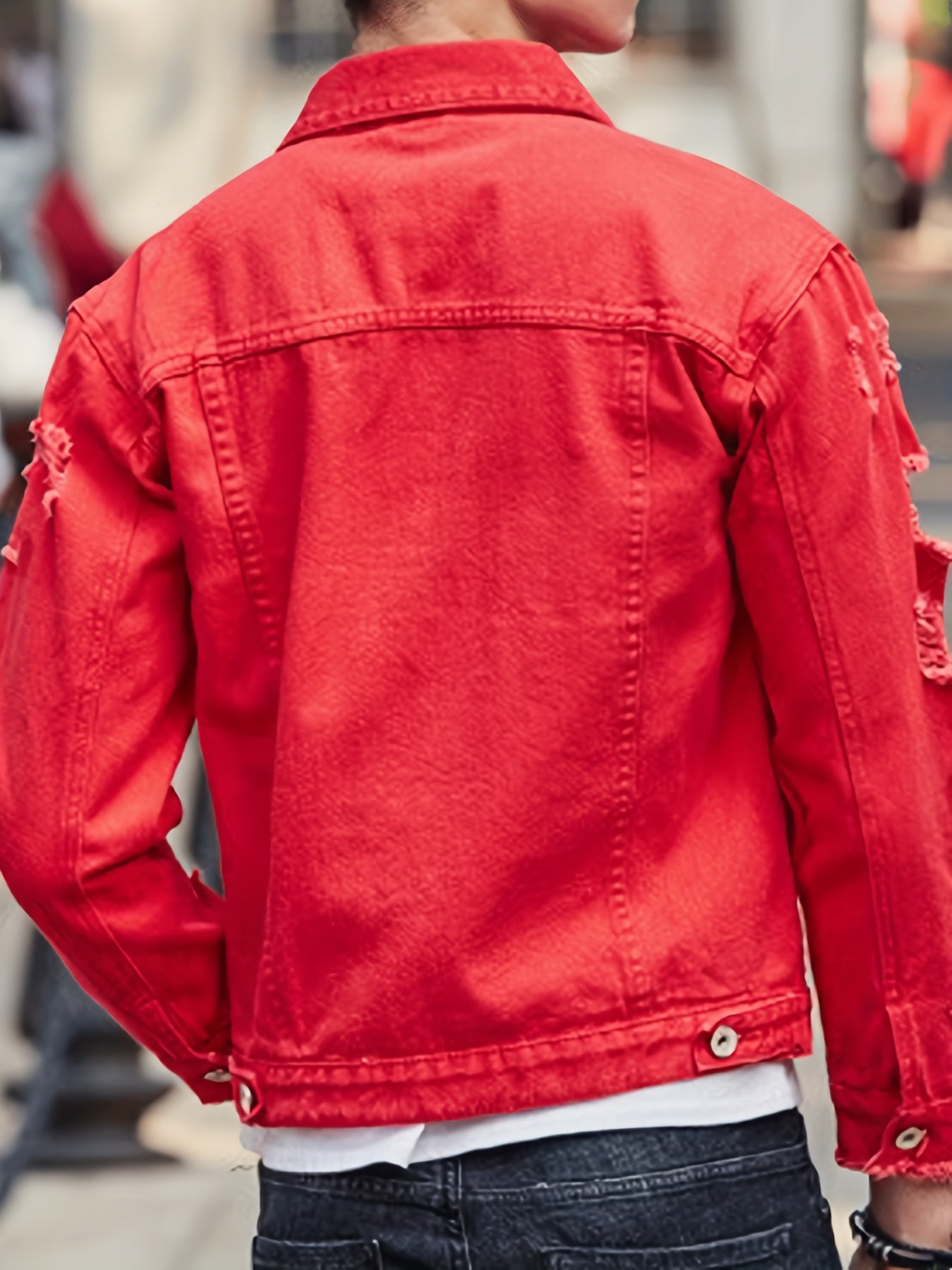 Men's distressed denim jacket - Casual cotton blend with long sleeves, button-up and lapel collar for Spring & Fall.