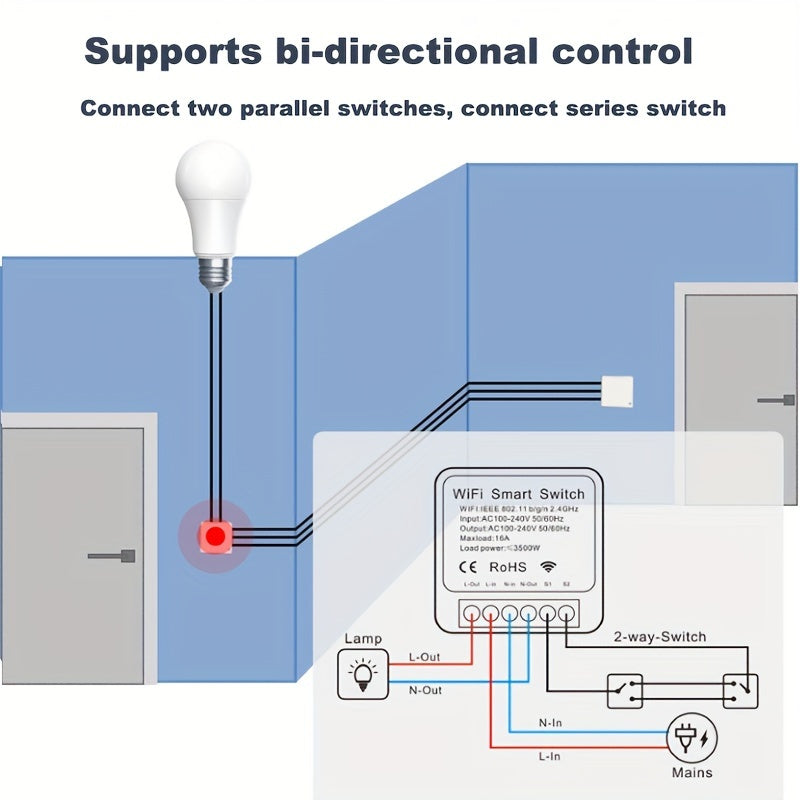 Compact 16A Wifi Smart Switch works with Alexa and Google Home for remote control, voice control, DIY mode, delay function, LAN control without hub, 2-way circuit breaker, and Ewelink home