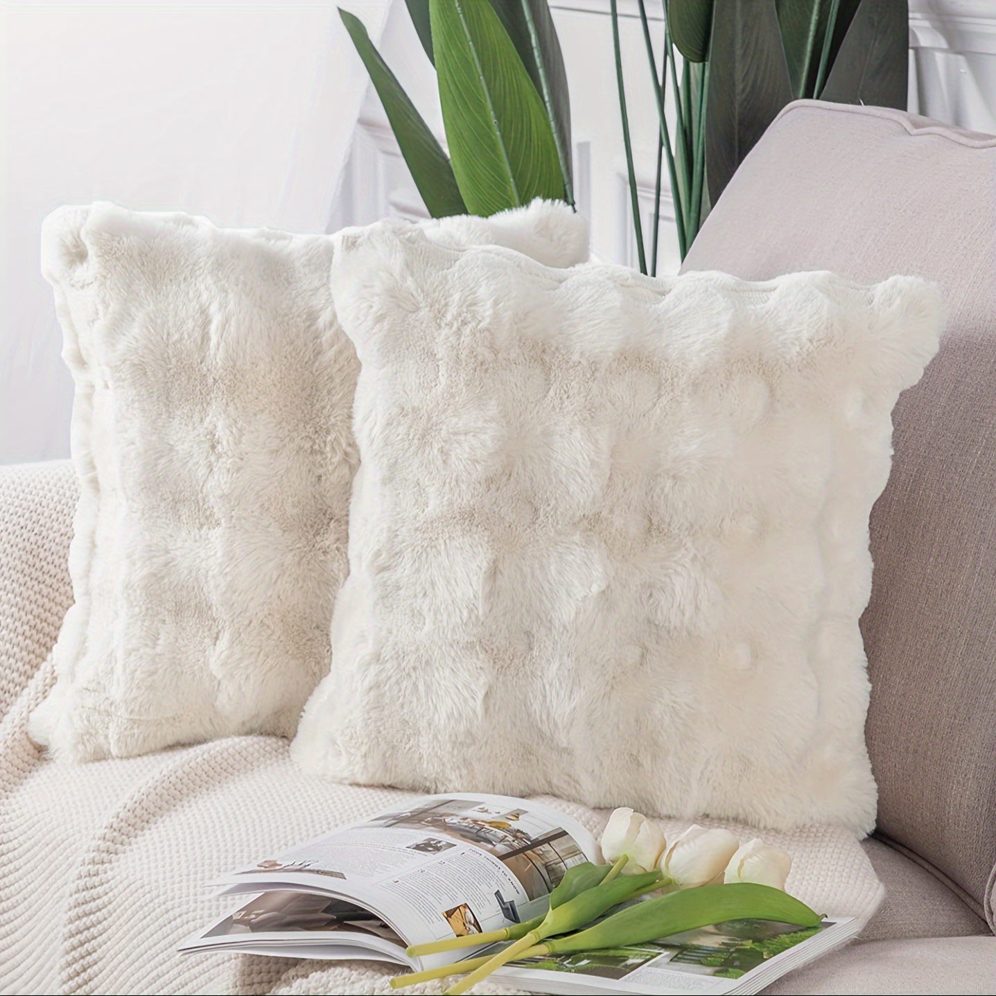 Luxurious faux rabbit fur pillow cover with geometric design, zipper closure. Hand wash only. Ideal for living room, sofa, or car decoration. Cozy home accent with a soft polyester cover. (Insert not included)