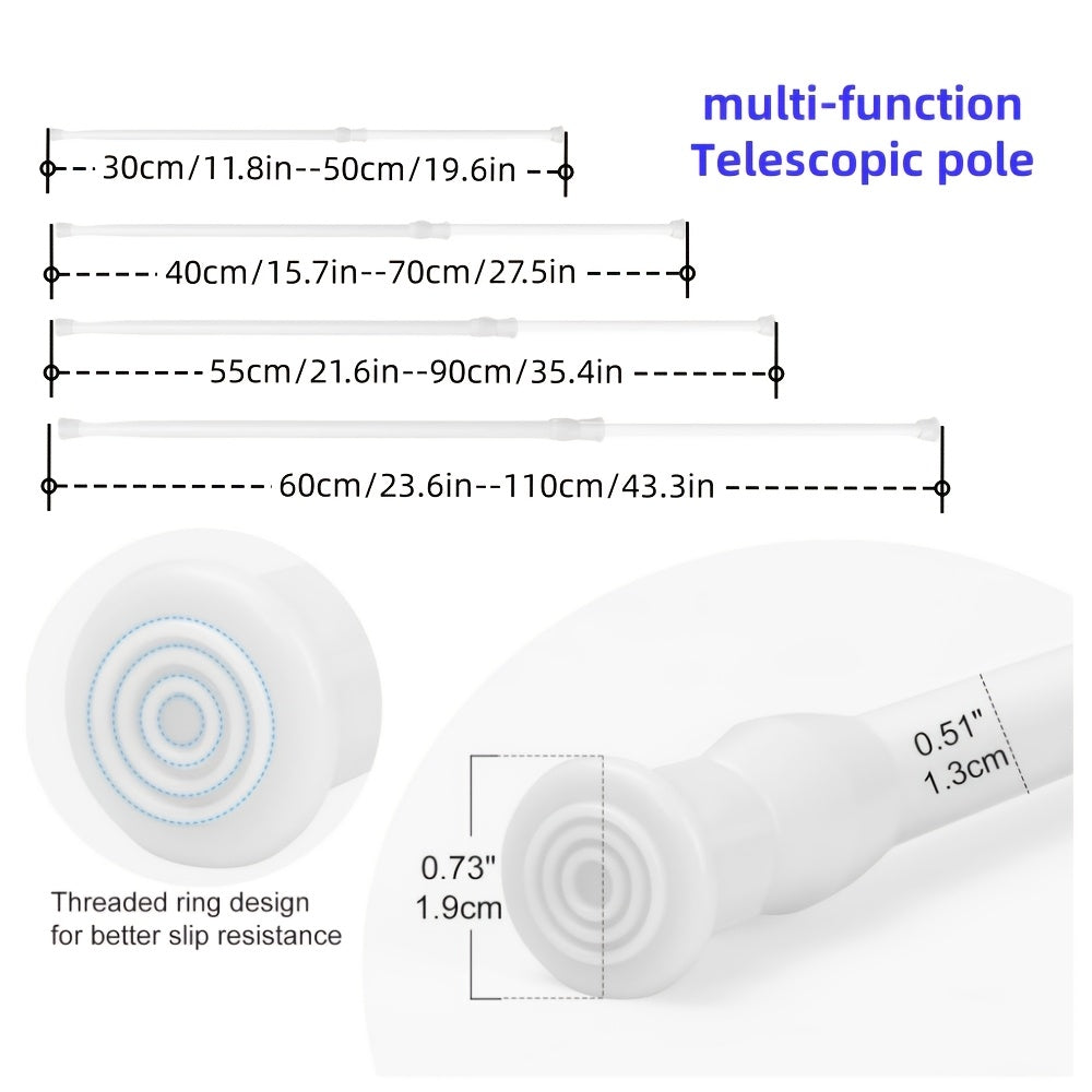 Adjustable white spring tension curtain rod made of metal for easy installation in kitchens, bathrooms, windows, bookshelves, wardrobes. Can expand to fit wardrobe.