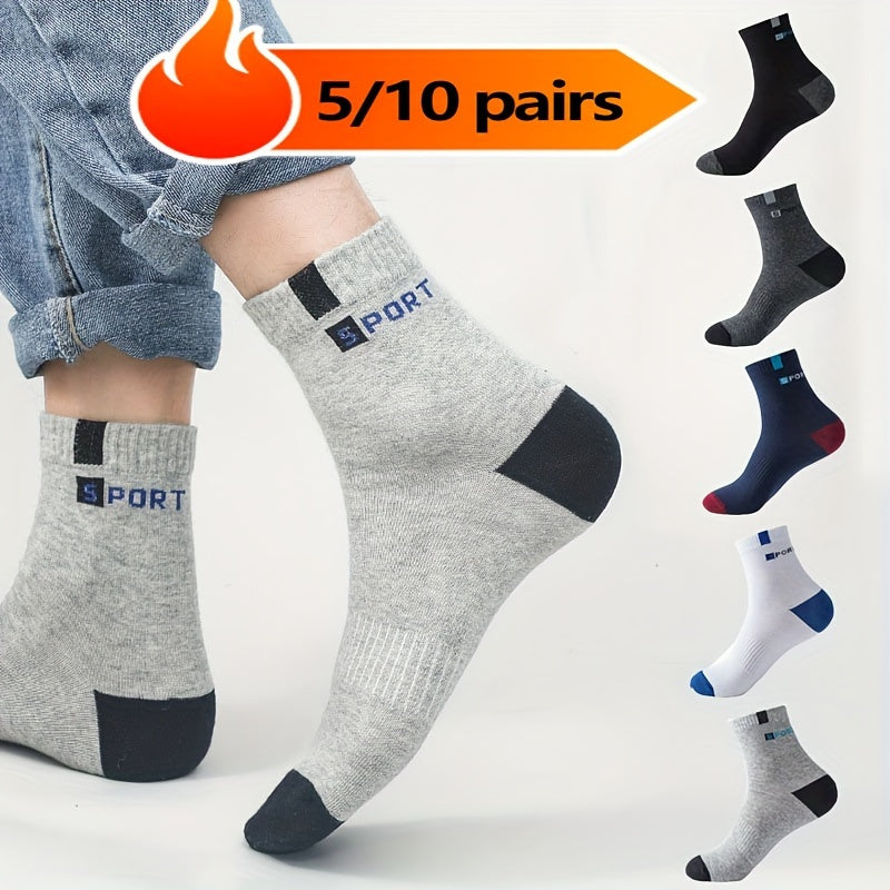 Men's athletic socks with stylish lettering, high elasticity, and moisture-wicking polyester blend. Suitable for running and outdoor sports in black, gray, white, blue, and navy options.