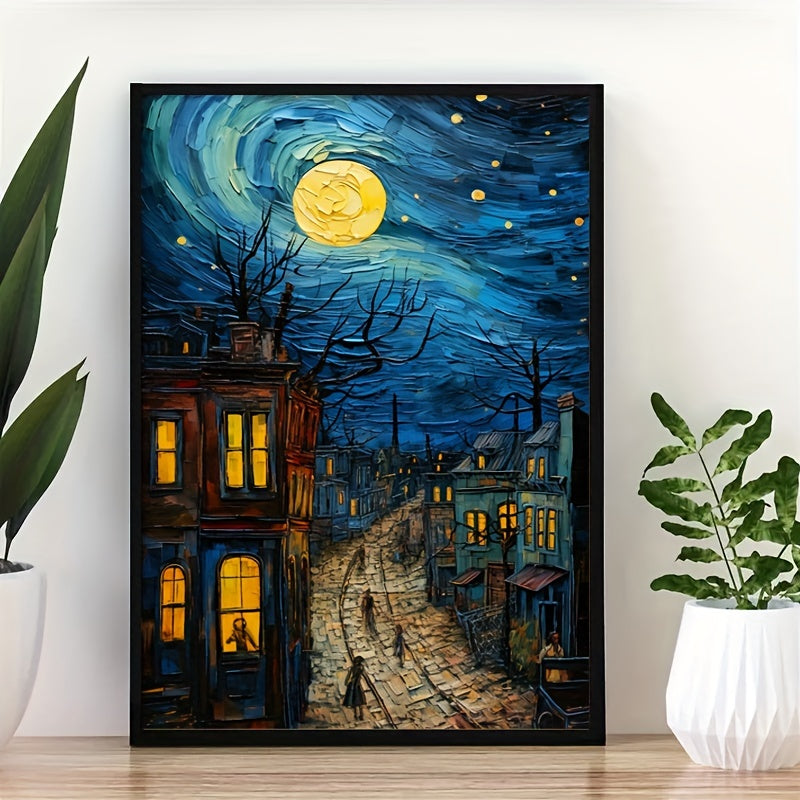 Vincent van Gogh "Starry Night" canvas art print - vibrant oil painting reproduction, unframed wall decor for multiple rooms, vertical orientation.