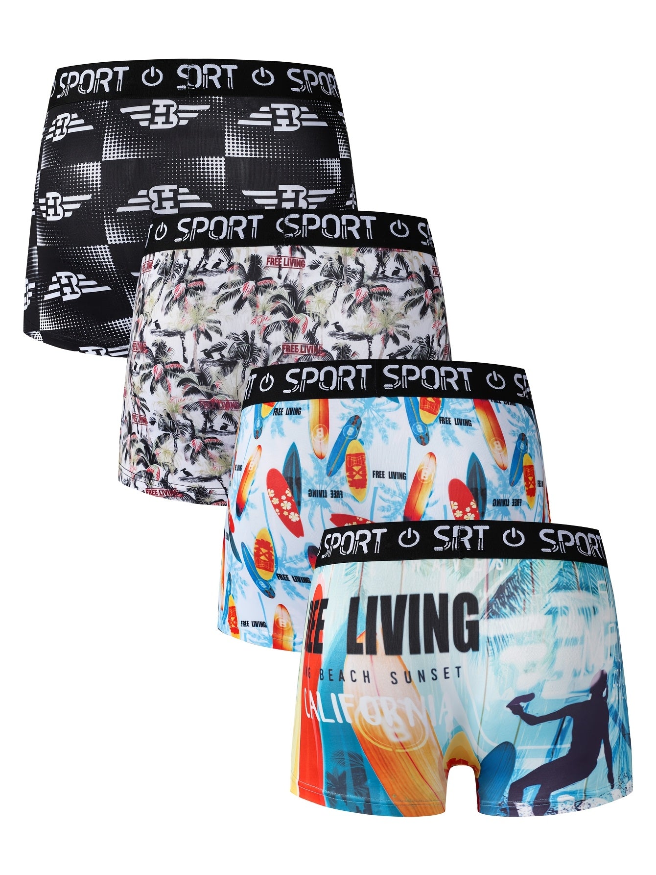 4-pack of men's boxer briefs with digital print on polyester knit fabric, medium stretch, 93% polyester and 7% elastane, 148 gsm, comfort fit underwear