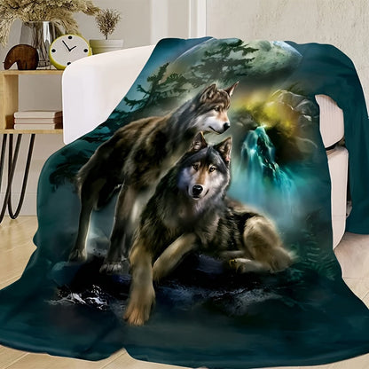 Stylish Glam Wolf Moon Green Plush Throw Blanket, Soft Hypoallergenic Fleece with Wolf Theme Décor, Made from Knitted Polyester, Requires Dry Cleaning, Versatile All-Season Throw with Special Decorative Details