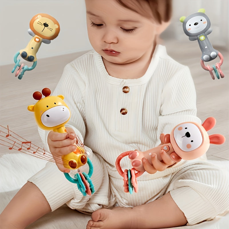 Musical Baby Rattle and Teething Toy Bundle - Interactive Shaker with Gentle Plush Rings, Safe and Non-Toxic for Infants, Includes Soothing Molar Stick for Newborns, Perfect Gift for Babies, Battery Included