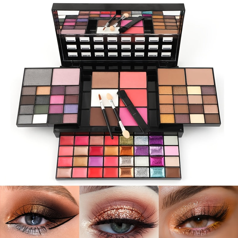 74-color makeup palette includes matte and pearl eye shadows, lip gloss, golden concealer, blush, bronze highlight.