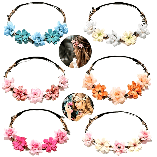 Set of 6 Bohemian Floral Crown Headbands in Assorted Colors for Women and Girls - Perfect for Bridal and Wedding Flower Hair Wreaths, Bridesmaids and Flower Girls, Adjustable Boho Hairbands for Special Events