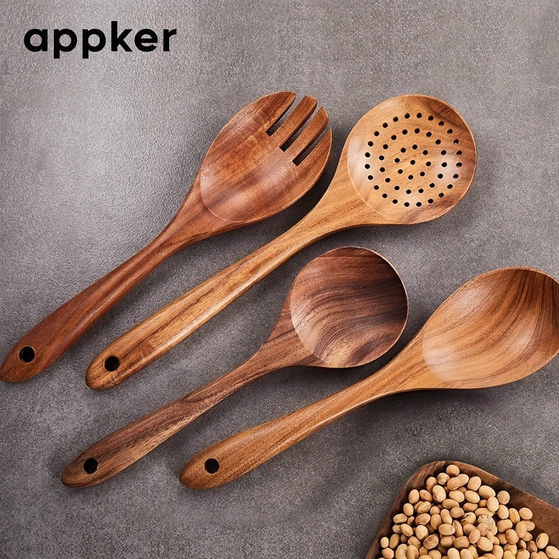 Set of 9 Acacia Wood Kitchen Utensils - Includes Cooking Spoons, Spatulas, Noodle & Fish Fryers - Made from Natural Wood, Food-Safe, Non-Stick, and Durable Cookware for All Ingredients