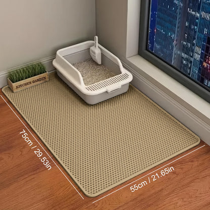 Large cat litter mat made of EVA material prevents spills and leaks, containing litter. Non-slip, washable, waterproof, and odor-resistant. Ideal for litter boxes and protecting pet items.