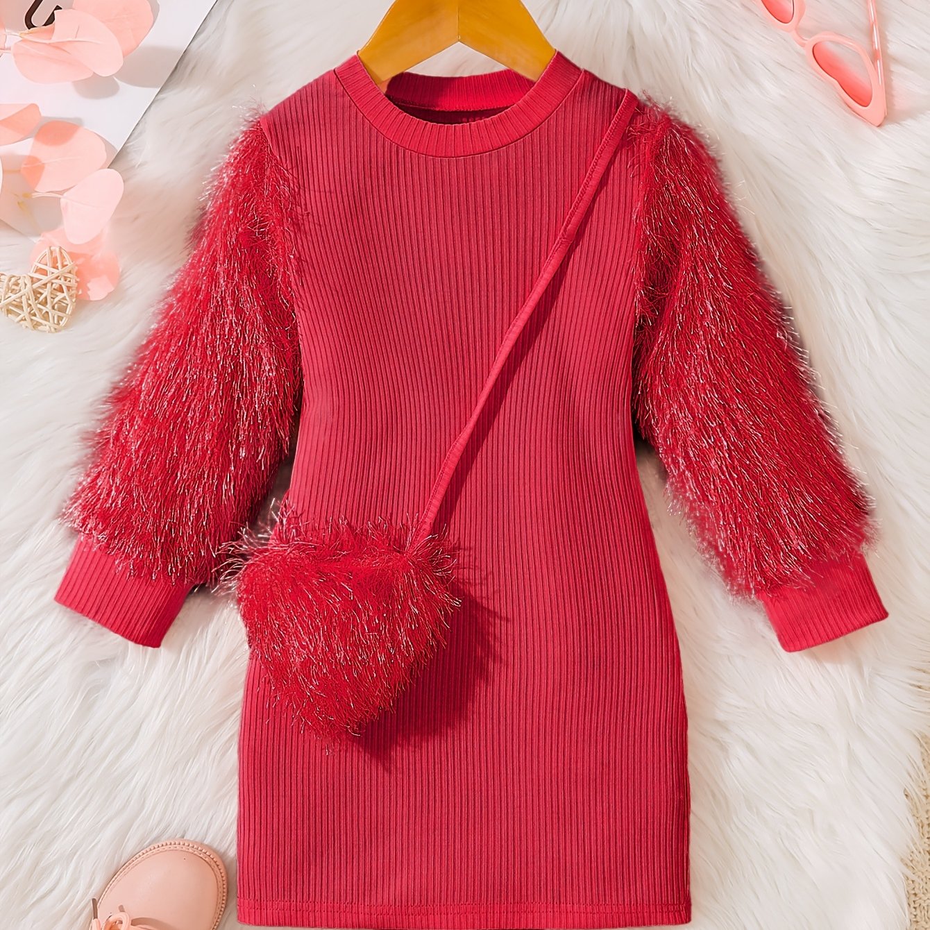 Pink tassel sleeve dress with bag detail for girls in casual spring and autumn style.