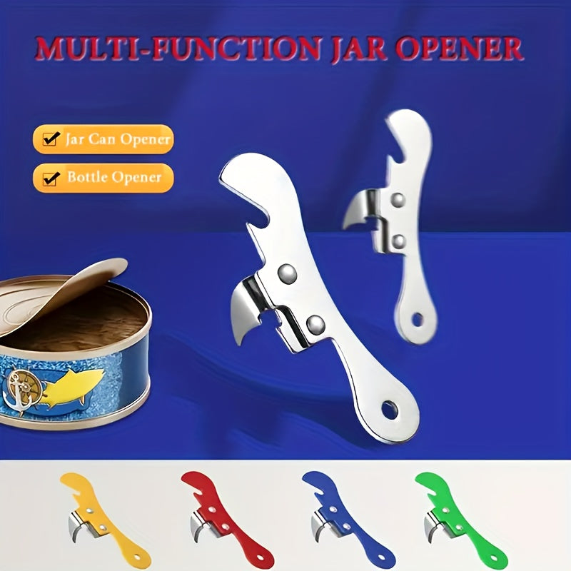 Portable stainless steel kitchen tool that functions as a versatile can opener and bottle opener, available in multiple colors.