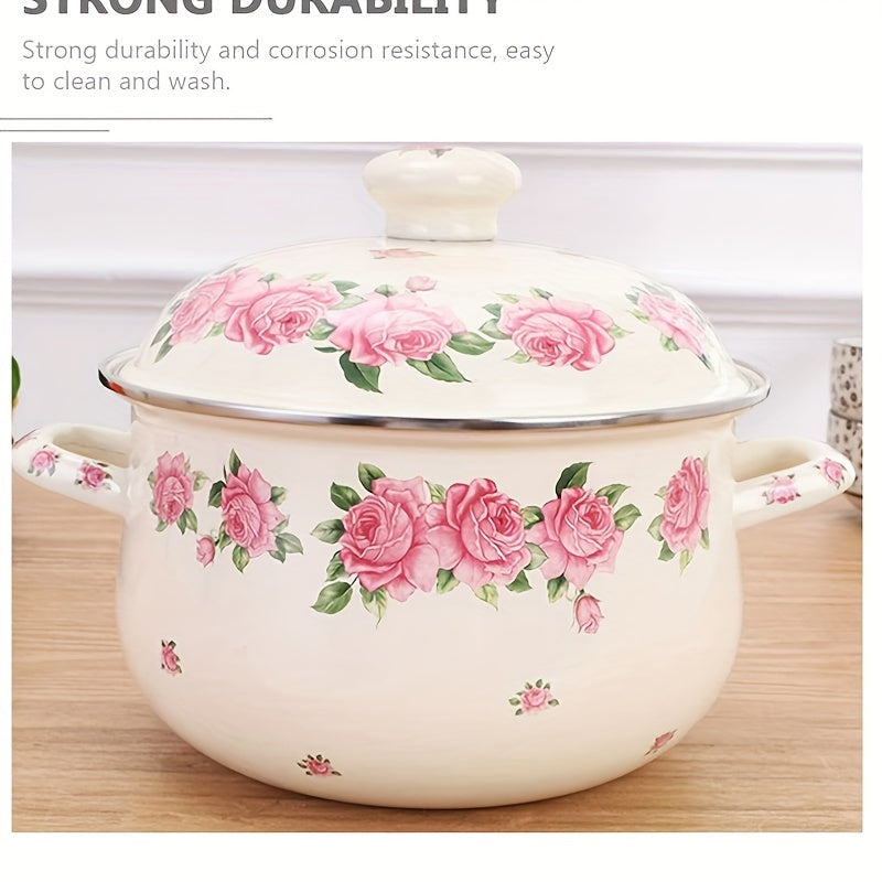 Vintage Floral Pattern Enamel Stockpot with Lid, 20cm, Cooking Pot with Handles - Perfect for Soups, Stews, and Beans! Compatible with Induction and Gas Stoves.