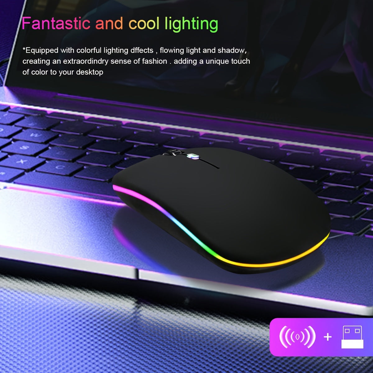 Dual mode wireless mouse for laptop and desktop with silent operation, RGB backlight, battery-powered, no charging function, operating voltage ≤36V.