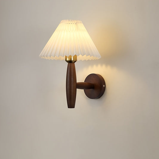 Wooden wall sconce with thick lampshade, Japanese style. No bulb included. Hardwired for household use.