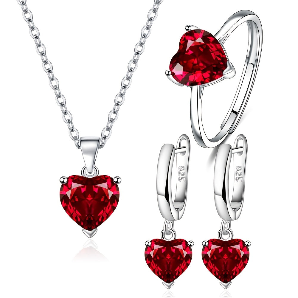 Set of four Heart-Shaped Cubic Zirconia Jewelry Pieces, Stylish and Elegant 925 Silver Plated Copper, Includes Romantic Necklace, Ring, and Earrings, Featuring Synthetic Zirconia, Perfect for Anniversary, Wedding, or Valentine's Day - Suitable for All