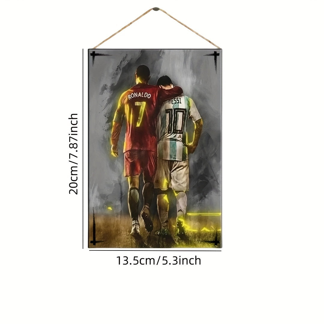 Wooden wall plaque featuring Messi & Ronaldo, ideal for living room or study decor. Size: 19.99cm x 13.46cm, no electricity required.