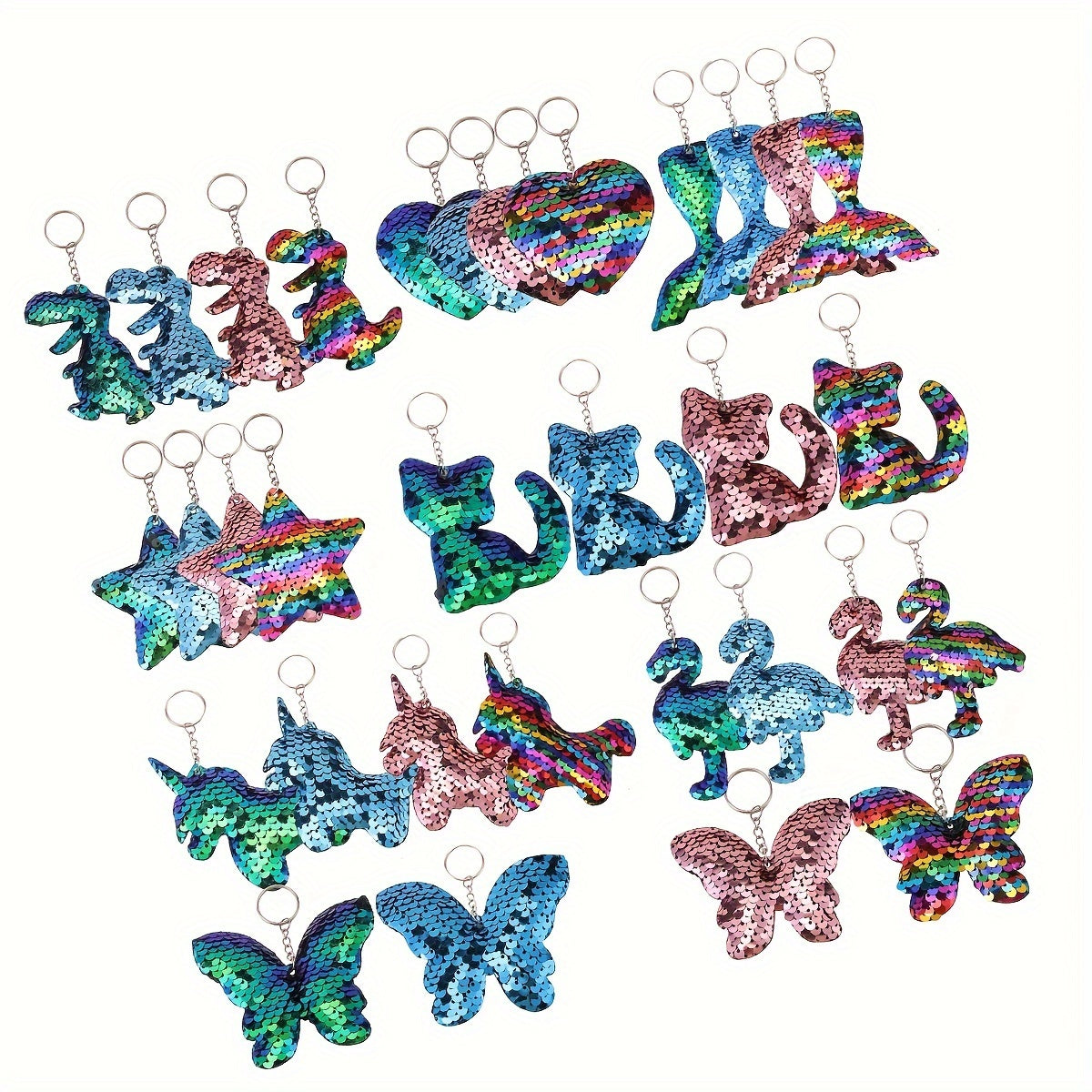 Set of 32 Sparkling Sequin Keychains featuring Flamingo, Mermaid Tail, Butterfly, and Unicorn shapes - Ideal for Party Favors, Birthday Gifts, and Back-to-School Decor.