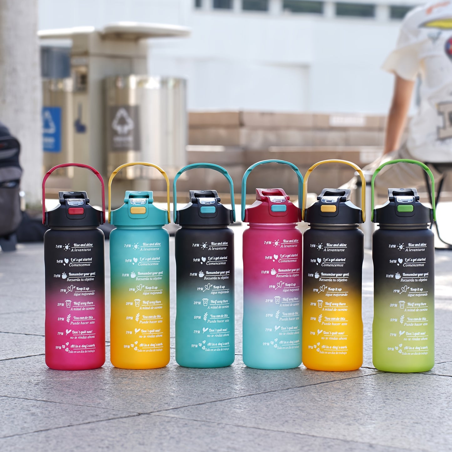 Motivational water bottle set for outdoor activities and fitness; ideal for camping, hiking, and birthday gifts.