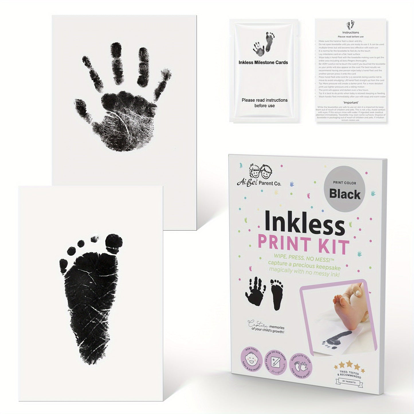 Capture the precious memories of your child's hand and footprints with the Ai Bei Parent Co Inkless Hand and Footprint Kit. Made from safe and non-toxic silicone, this kit is easy to use with no mess. Perfect for milestone memories and home decor.