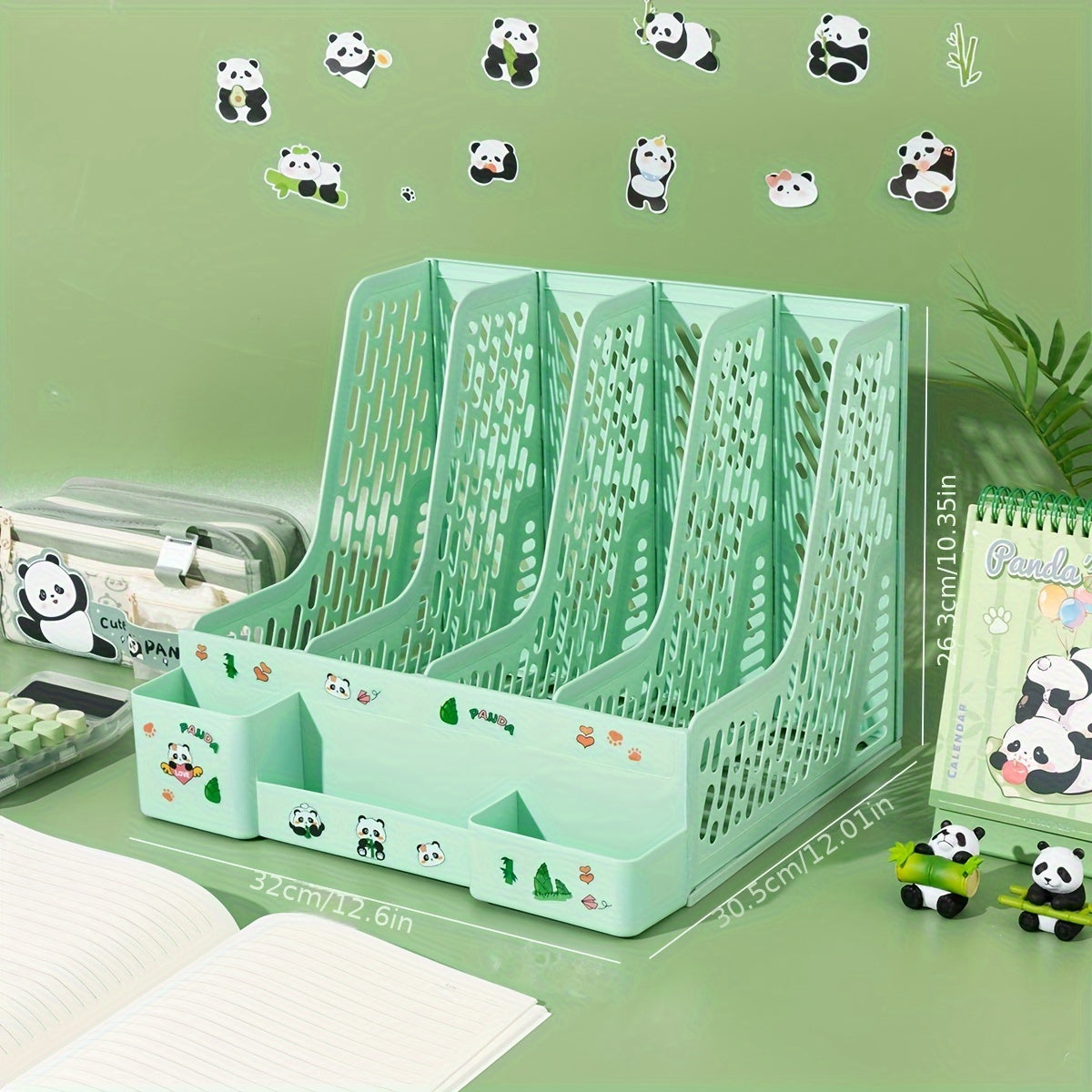 Desktop file organizer with panda theme, 4 slots and detachable tiered shelves for office storage. Made of PP material.